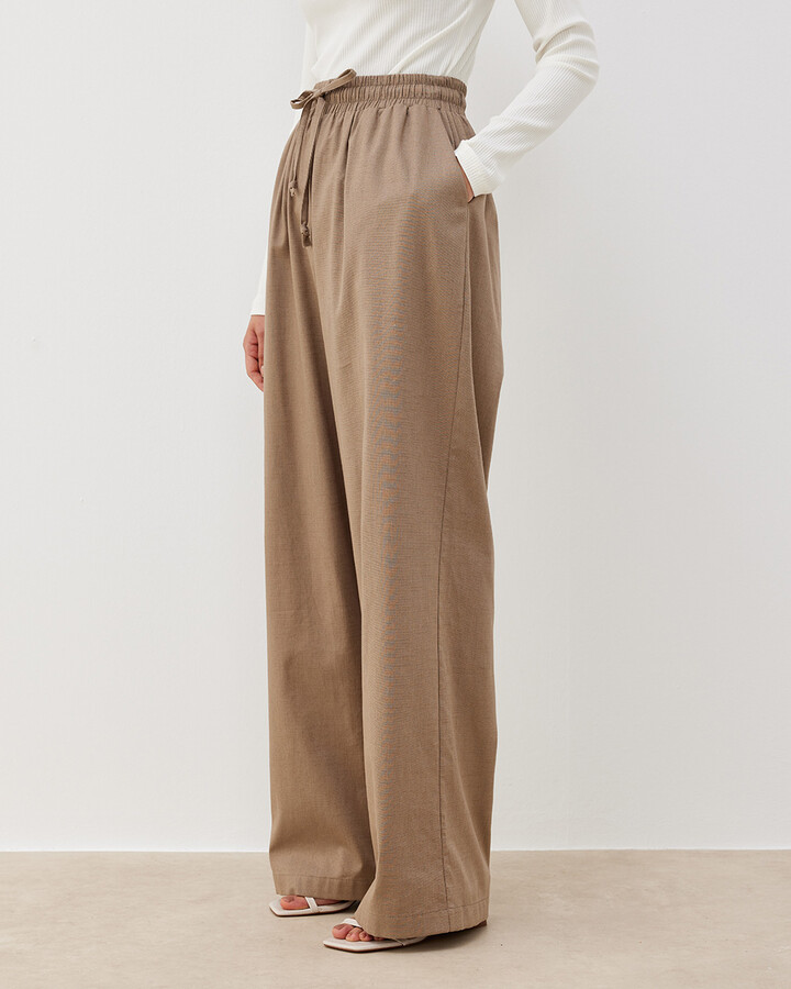 Keten Lastikli Wide Leg Pantolon Vizon