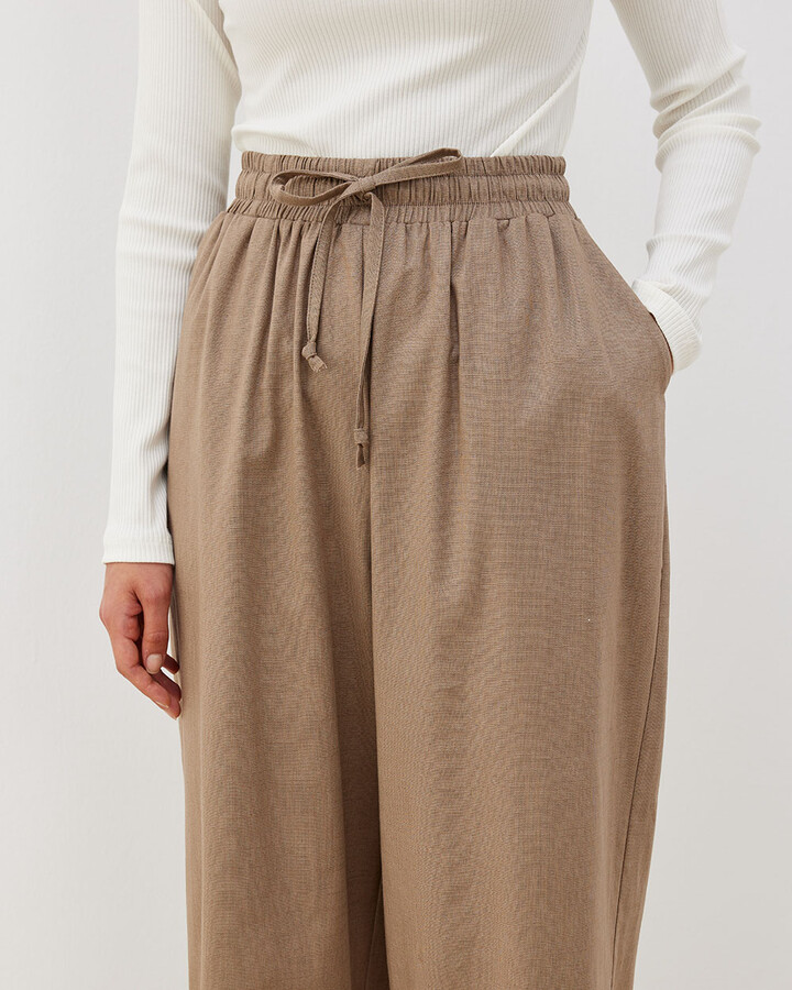 Keten Lastikli Wide Leg Pantolon Vizon