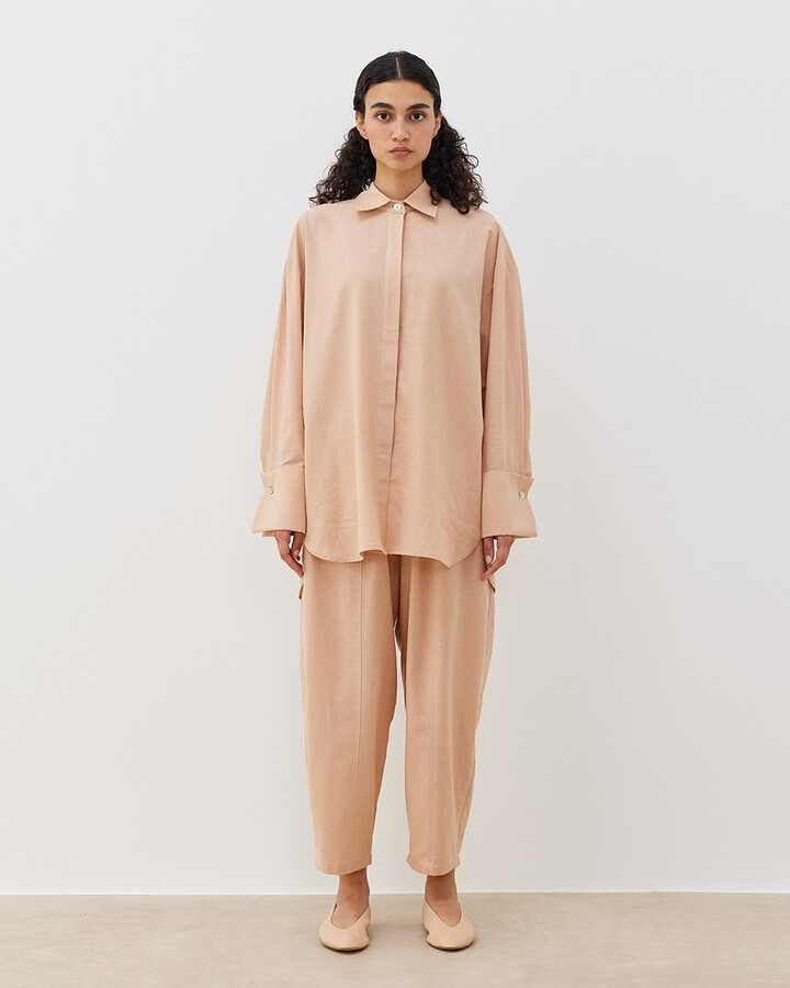 Keten Loose Fit Kesikli Pantolon Nude