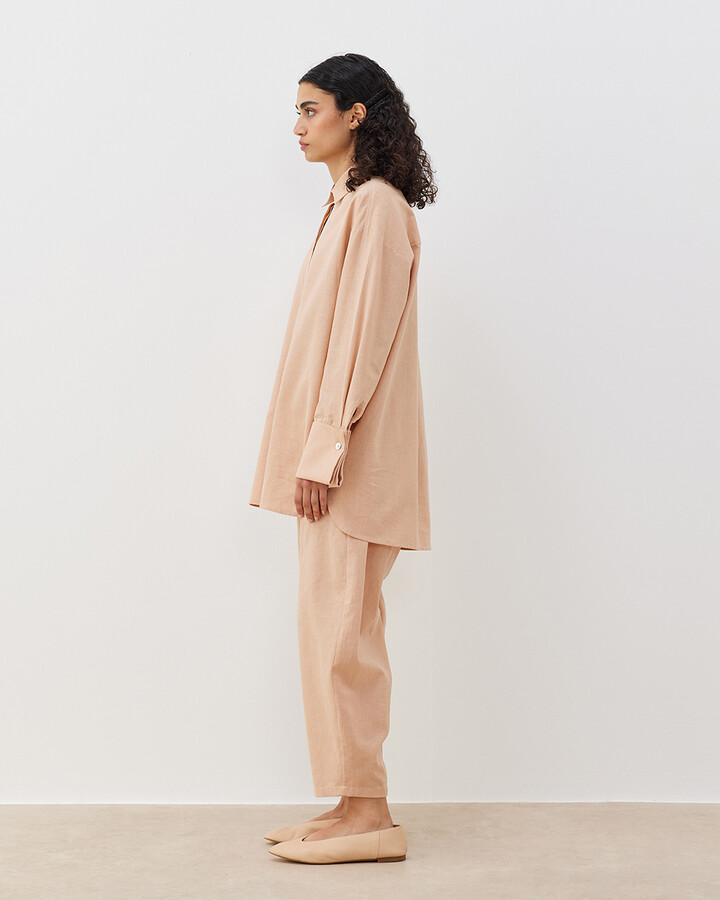 Keten Loose Fit Kesikli Pantolon Nude