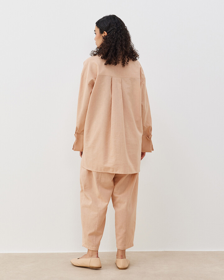 Keten Loose Fit Kesikli Pantolon Nude