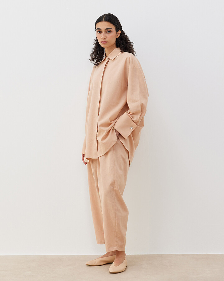 Keten Loose Fit Kesikli Pantolon Nude