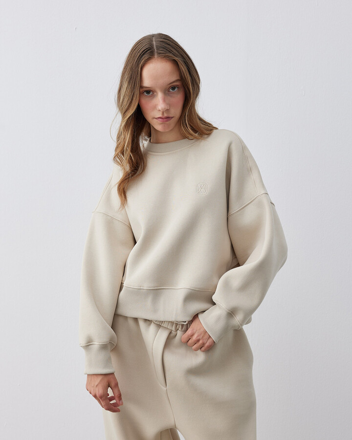 Şardonlu Üç İplik Oversize Mini Sweat Krem