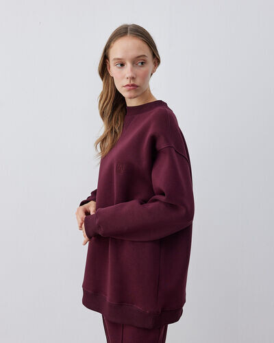 Şardonlu Üç İplik Yanı Ribanalı Stil Sweatshirt Bordo