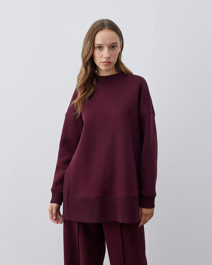 Şardonlu Üç İplik Yanı Ribanalı Stil Sweatshirt Bordo