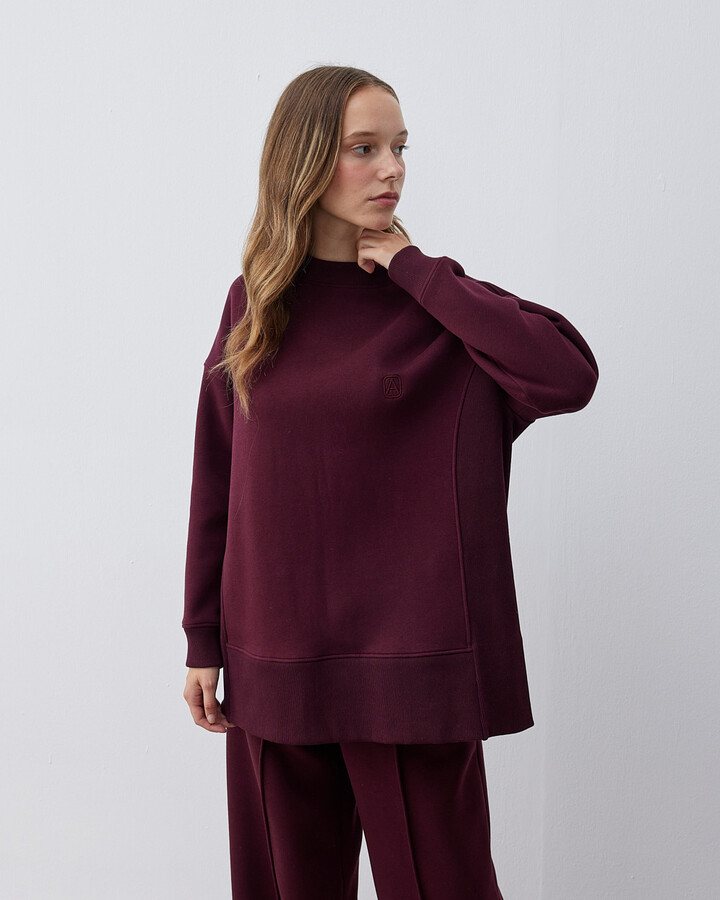 Şardonlu Üç İplik Yanı Ribanalı Stil Sweatshirt Bordo