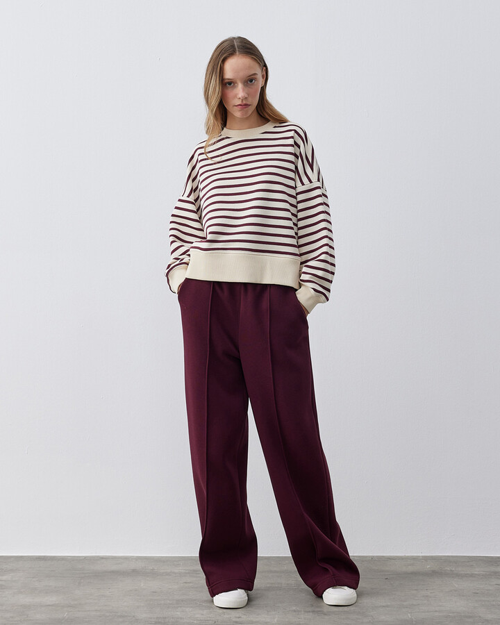 Üç İplik Çizgili Crop Sweat Bordo Çizgili