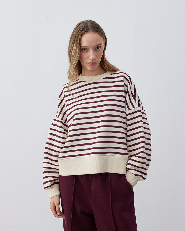 Üç İplik Çizgili Crop Sweat Bordo Çizgili