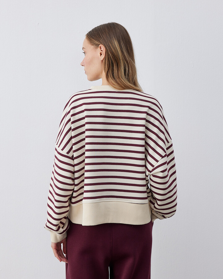 Üç İplik Çizgili Crop Sweat Bordo Çizgili