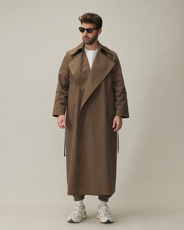 Erkek Minimal Oversize Uzun Trençkot Haki