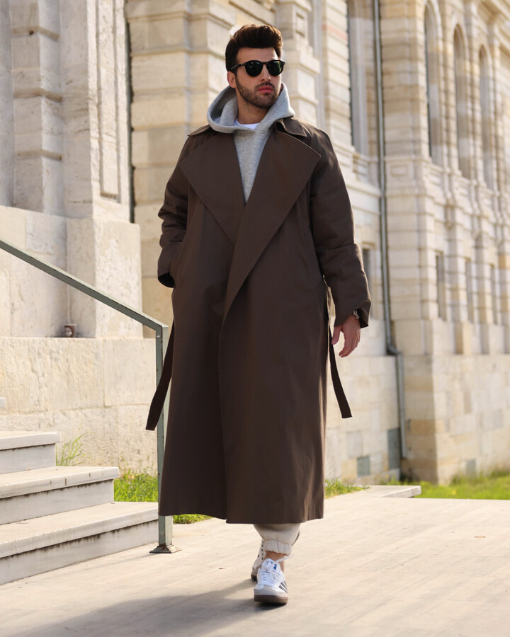 Erkek Minimal Oversize Uzun Trençkot Haki