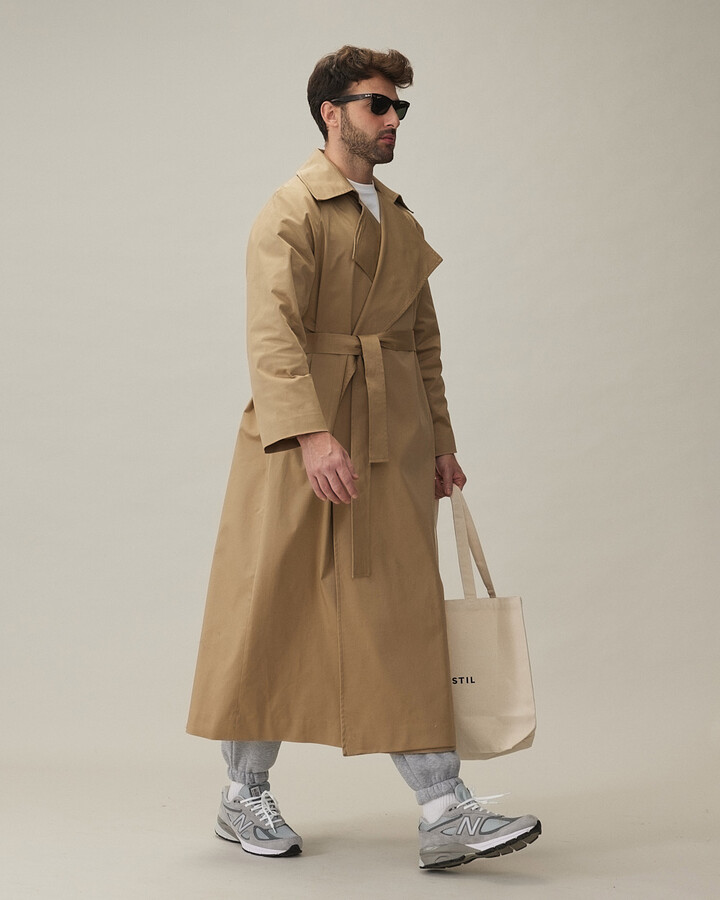 Erkek Minimal Oversize Uzun Trençkot Kum