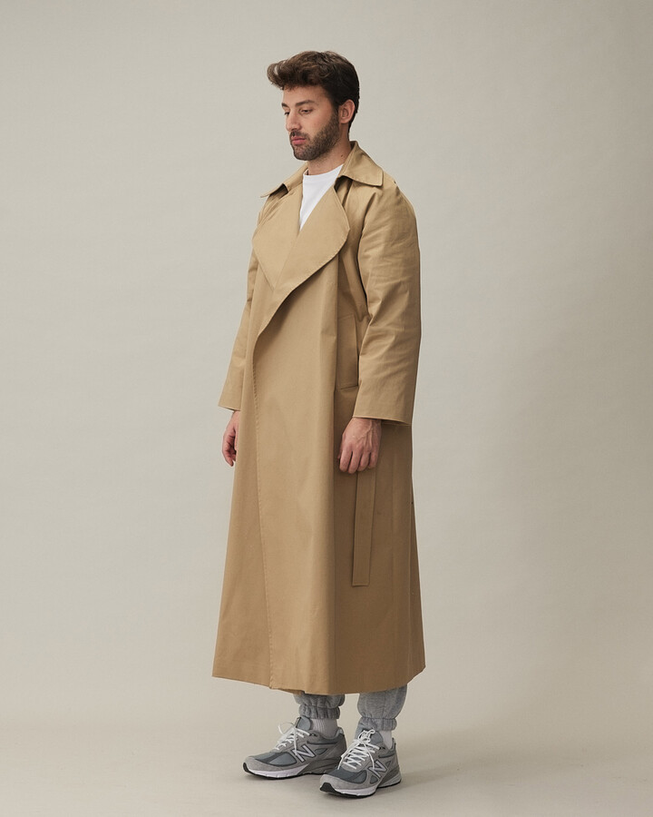 Erkek Minimal Oversize Uzun Trençkot Kum