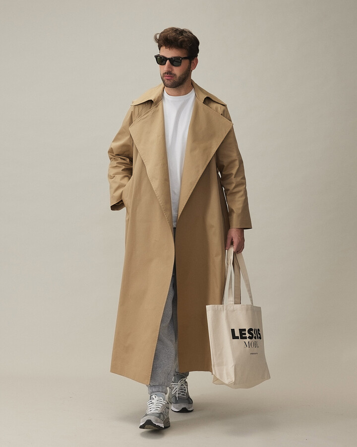 Erkek Minimal Oversize Uzun Trençkot Kum