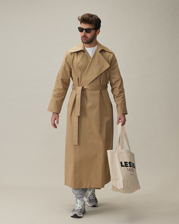 Erkek Minimal Oversize Uzun Trençkot Kum