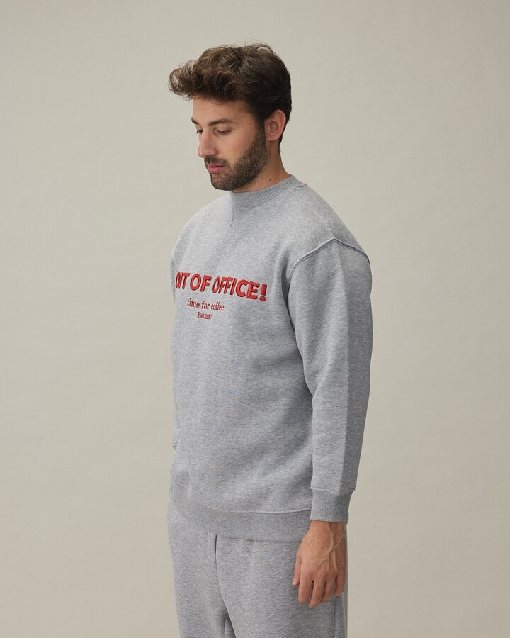 Erkek Şardonlu Nakışlı Üç İplik Sweatshirt Gri Melanj