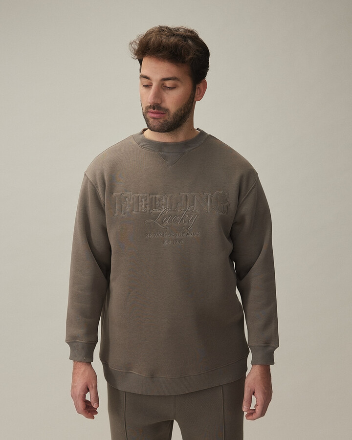 Erkek Şardonlu Nakışlı Üç İplik Sweatshirt Haki