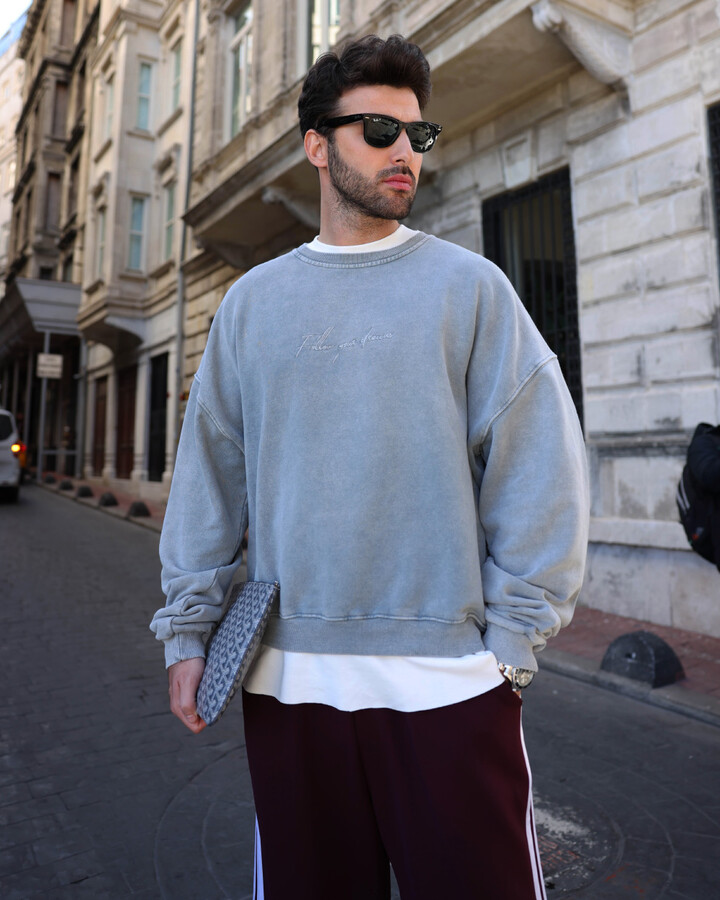 Erkek Yıkamalı Unisex Oversize Nakışlı Sweatshirt Buz Mavisi