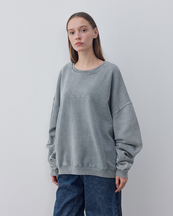 Yıkamalı Unisex Oversize Nakışlı Sweat Buz Mavisi