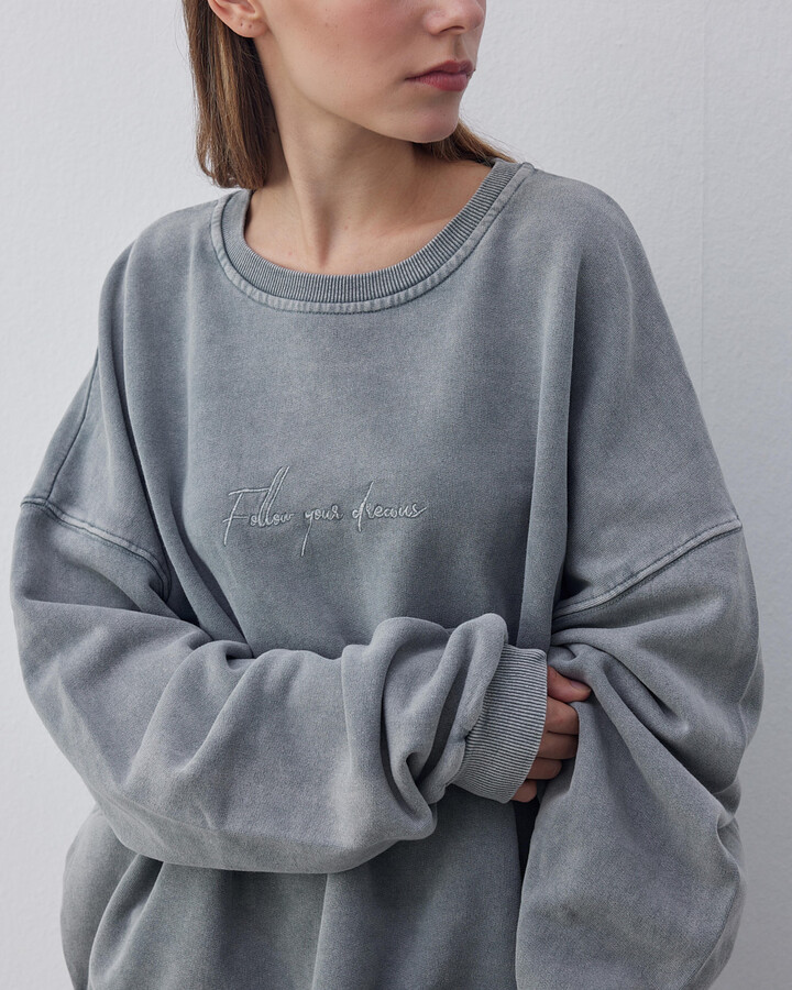 Yıkamalı Unisex Oversize Nakışlı Sweat Buz Mavisi